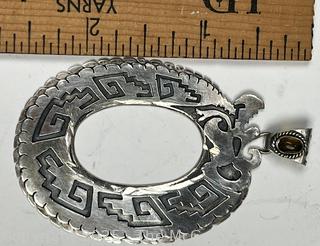 Sterling Silver Open Work Oval Pendant with Aztec Design, Made in Mexico and Signed by Artist. 