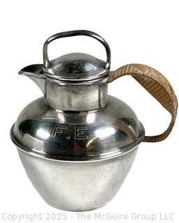 Mid Century Lidded Silver Plated Pitcher with Rattan Handle