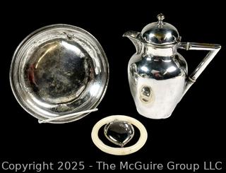 Three (3) Silver Plate Items Including Harrods Serving Piece and Heart Shaped Baby Rattle