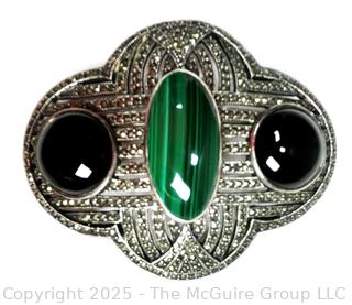 Large Sterling Silver and Marcasite Brooch with Malachite and Onyx Inset Stones