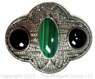 Large Sterling Silver and Marcasite Brooch with Malachite and Onyx Inset Stones