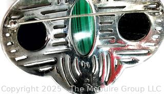 Large Sterling Silver and Marcasite Brooch with Malachite and Onyx Inset Stones