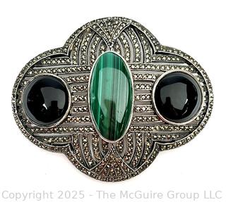 Large Sterling Silver and Marcasite Brooch with Malachite and Onyx Inset Stones