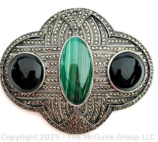 Large Sterling Silver and Marcasite Brooch with Malachite and Onyx Inset Stones