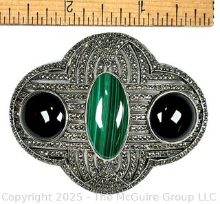 Large Sterling Silver and Marcasite Brooch with Malachite and Onyx Inset Stones