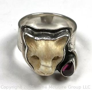 Carve Bone Jaguar with Garnet Sterling Silver Ring Designed by Tabra Tunoa