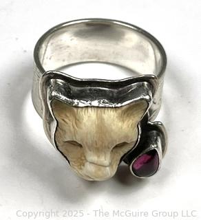 Carve Bone Jaguar with Garnet Sterling Silver Ring Designed by Tabra Tunoa