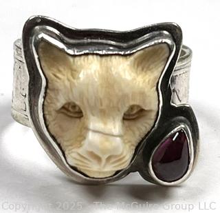 Carve Bone Jaguar with Garnet Sterling Silver Ring Designed by Tabra Tunoa