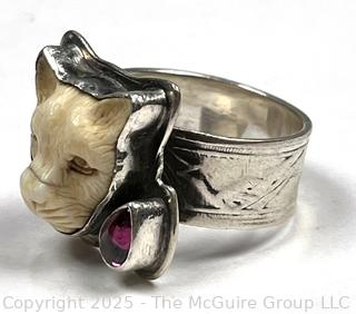 Carve Bone Jaguar with Garnet Sterling Silver Ring Designed by Tabra Tunoa