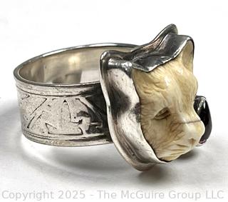 Carve Bone Jaguar with Garnet Sterling Silver Ring Designed by Tabra Tunoa