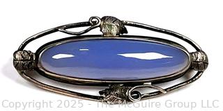 Art Deco Sterling Silver Brooch with Blue Stone Center