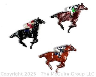 Three (3) Enamel on Metal Horse Racing Brooches Titled Secretariat, Ruffian & Barbaro Signed by Artist Canzine