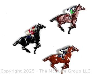 Three (3) Enamel on Metal Horse Racing Brooches Titled Secretariat, Ruffian & Barbaro Signed by Artist Canzine