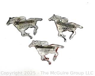 Three (3) Enamel on Metal Horse Racing Brooches Titled Secretariat, Ruffian & Barbaro Signed by Artist Canzine