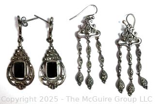 Two (2) Pairs Sterlng Silver with Marcasite and Onyx Dangle Earrings