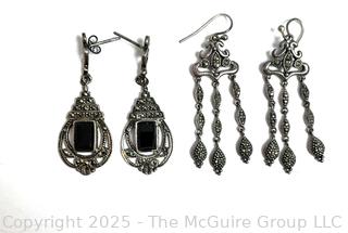 Two (2) Pairs Sterlng Silver with Marcasite and Onyx Dangle Earrings