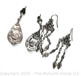 Two (2) Pairs Sterlng Silver with Marcasite and Onyx Dangle Earrings