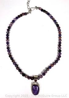 Rough Cut Amethyst Bead Necklace with Pendant. 