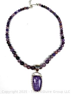 Rough Cut Amethyst Bead Necklace with Pendant. 