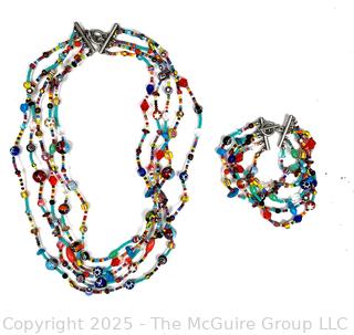 Glass Multistrand Bead Necklace and Bracelet Set