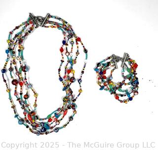 Glass Multistrand Bead Necklace and Bracelet Set