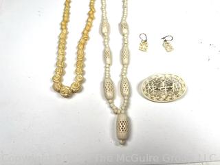 Four (4) Pieces of Carved Bone and Bead Jewelry