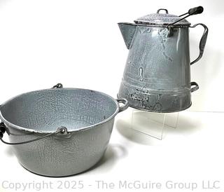 Large Grey Cowboy Campfire Granite Enamel Ware Coffee Pot and Basin Bowl