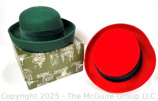 Two (2) Wool Burberry Ladies Hats in Red & Green in Harrods Box. 