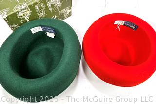 Two (2) Wool Burberry Ladies Hats in Red & Green in Harrods Box. 