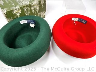 Two (2) Wool Burberry Ladies Hats in Red & Green in Harrods Box. 