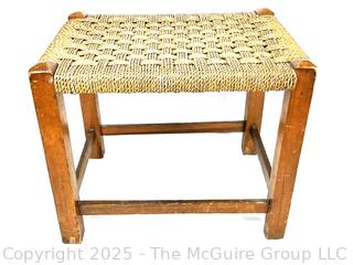 Mid-Century Modern Wood and Rattan Woven Seat Stool Carved Mark on Base, XIIX. 16" L x 14" T x 12" W