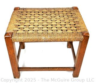 Mid-Century Modern Wood and Rattan Woven Seat Stool Carved Mark on Base, XIIX. 16" L x 14" T x 12" W