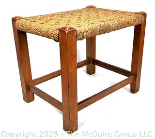 Mid-Century Modern Wood and Rattan Woven Seat Stool Carved Mark on Base, XIIX. 16" L x 14" T x 12" W