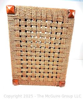 Mid-Century Modern Wood and Rattan Woven Seat Stool Carved Mark on Base, XIIX. 16" L x 14" T x 12" W