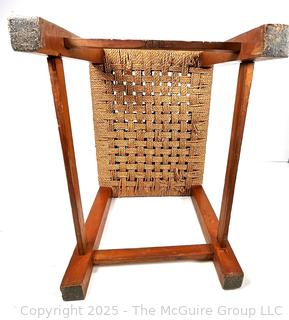 Mid-Century Modern Wood and Rattan Woven Seat Stool Carved Mark on Base, XIIX. 16" L x 14" T x 12" W