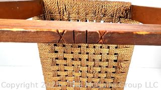 Mid-Century Modern Wood and Rattan Woven Seat Stool Carved Mark on Base, XIIX. 16" L x 14" T x 12" W