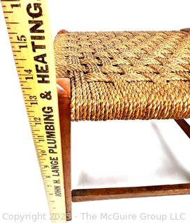 Mid-Century Modern Wood and Rattan Woven Seat Stool Carved Mark on Base, XIIX. 16" L x 14" T x 12" W