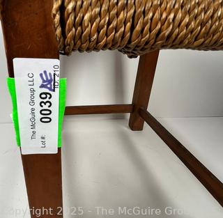 Mid-Century Modern Wood and Rattan Woven Seat Stool Carved Mark on Base, XIIX. 16" L x 14" T x 12" W