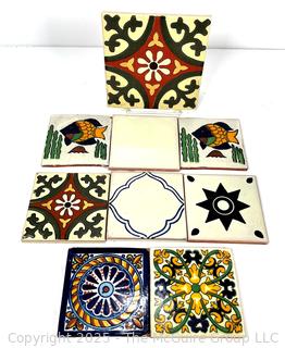 Nine (9) Hand Painted Terracotta Art Tiles