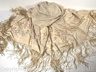 Ecru Silk Embroidered Piano Scarf or Shawl with Fringe. 70" long and 45" wide