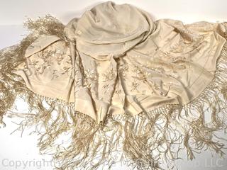 Ecru Silk Embroidered Piano Scarf or Shawl with Fringe. 70" long and 45" wide