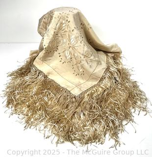 Ecru Silk Embroidered with Open Work Piano Scarf Shawl with Fringe Budapest Hungar.  70" long and 45" wide