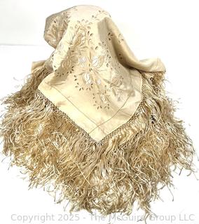 Ecru Silk Embroidered with Open Work Piano Scarf Shawl with Fringe Budapest Hungar.  70" long and 45" wide