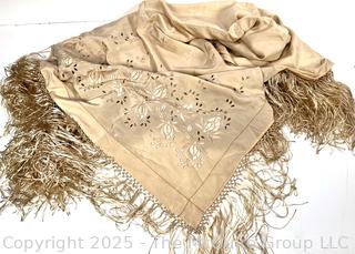 Ecru Silk Embroidered with Open Work Piano Scarf Shawl with Fringe Budapest Hungar.  70" long and 45" wide