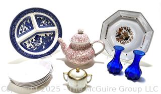 Group of Porcelain Serving Items Including Staffordshire Honeysuckle Teapot