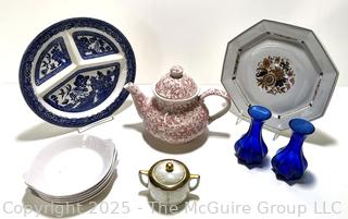 Group of Porcelain Serving Items Including Staffordshire Honeysuckle Teapot