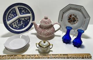 Group of Porcelain Serving Items Including Staffordshire Honeysuckle Teapot