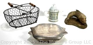 Group of Decorative Items Nambe Dish, Wire Basket, Harrods Jar and Fish Statue