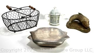 Group of Decorative Items Nambe Dish, Wire Basket, Harrods Jar and Fish Statue