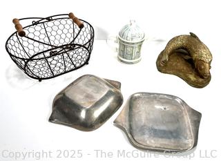 Group of Decorative Items Nambe Dish, Wire Basket, Harrods Jar and Fish Statue